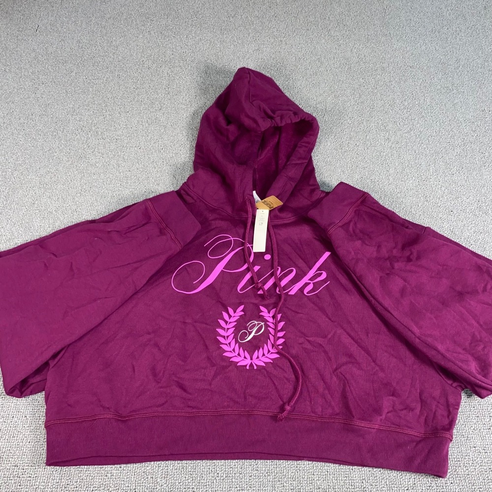 PINK Victoria Secret Hoodie Womens XL Burgundy Cropped Pullover Sweatshirt Logo